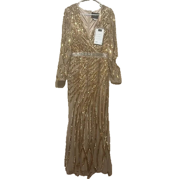 Mac‎ Duggal 5432 Long Sleeved Sequin Streaked Copper Long Gown Gold Copper Sz 10 - Picture 4 of 6